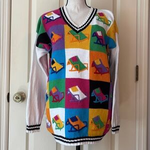 Vintage 90s Beach Chair Color Block Funky V-neck Cotton Sweater Casa Maglia sz M